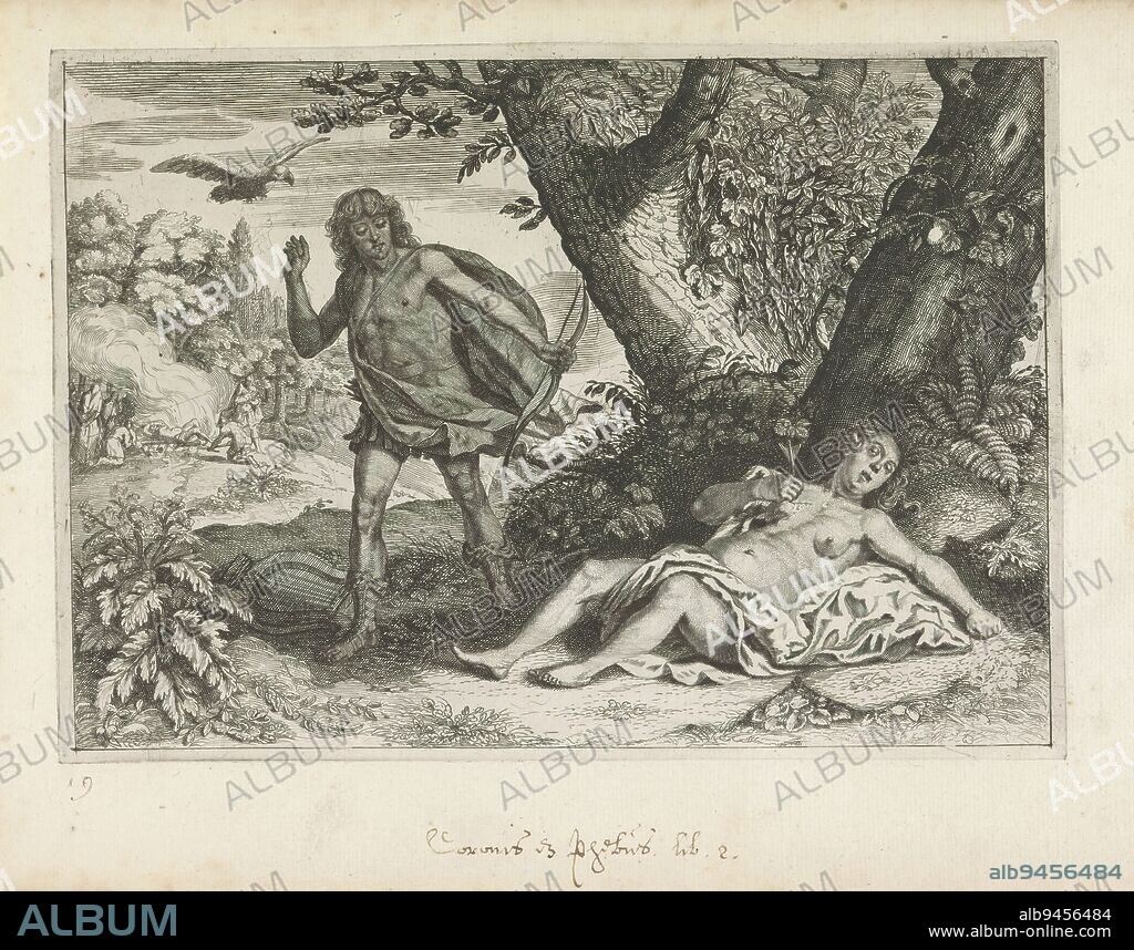 Apollo kills Coronis, Metamorphoses of Ovid (series title), Under the tree lies the dying princess Coronis, Apollo's mistress, who has just been struck by his arrow. Near Apollo flies the white crow, which he changed into a black crow, because Apollo was furious that the crow had not prevented her from cheating., print maker: Crispijn van de Passe (II), after print by: Antonio Tempesta, publisher: Crispijn van de Passe (II), (attributed to), c. 1636 - 1670, paper, engraving, height 164 mm × width 231 mm.