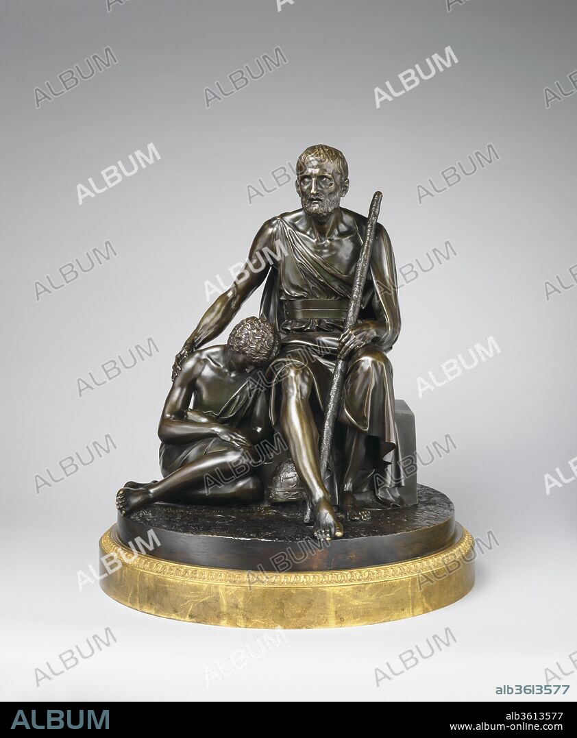 Belisarius and His Guide. Artist: Antoine Denis Chaudet (French, Paris 1763-1810 Paris). Culture: French, Paris. Dimensions: H. 18 in., D. 14 3/8 in. (47.5 x 36.6 cm). Date: 1794.
The popularity of the victorious sixth-century Byzantine general Belisarius aroused the jealous wrath of his emperor Justinian to the point that he had Belisarius imprisoned, then blinded and turned loose to beg for his living. Antiroyalist elements in French society found parallels in the court of Louis XVI, which was coming under increased criticism. When the terracotta model for this group was exhibited at the Salon of 1791, the sentimental Neoclassical public surely relished its pathos and the contrast between the forms of the sightless but ever-proud mendicant and his weary young guide. The quality of the bronze's chasing led early commentators to suppose Chaudet carried it out himself, but more likely he turned to a professional foundry for the expertise needed to give the metal its dazzling range of surfaces. The Neoclassical age sometimes had unexpected kinetic moments: fitted within the unpatinated base is the original turntable on which the group can be revolved so as to be appreciated from every angle.