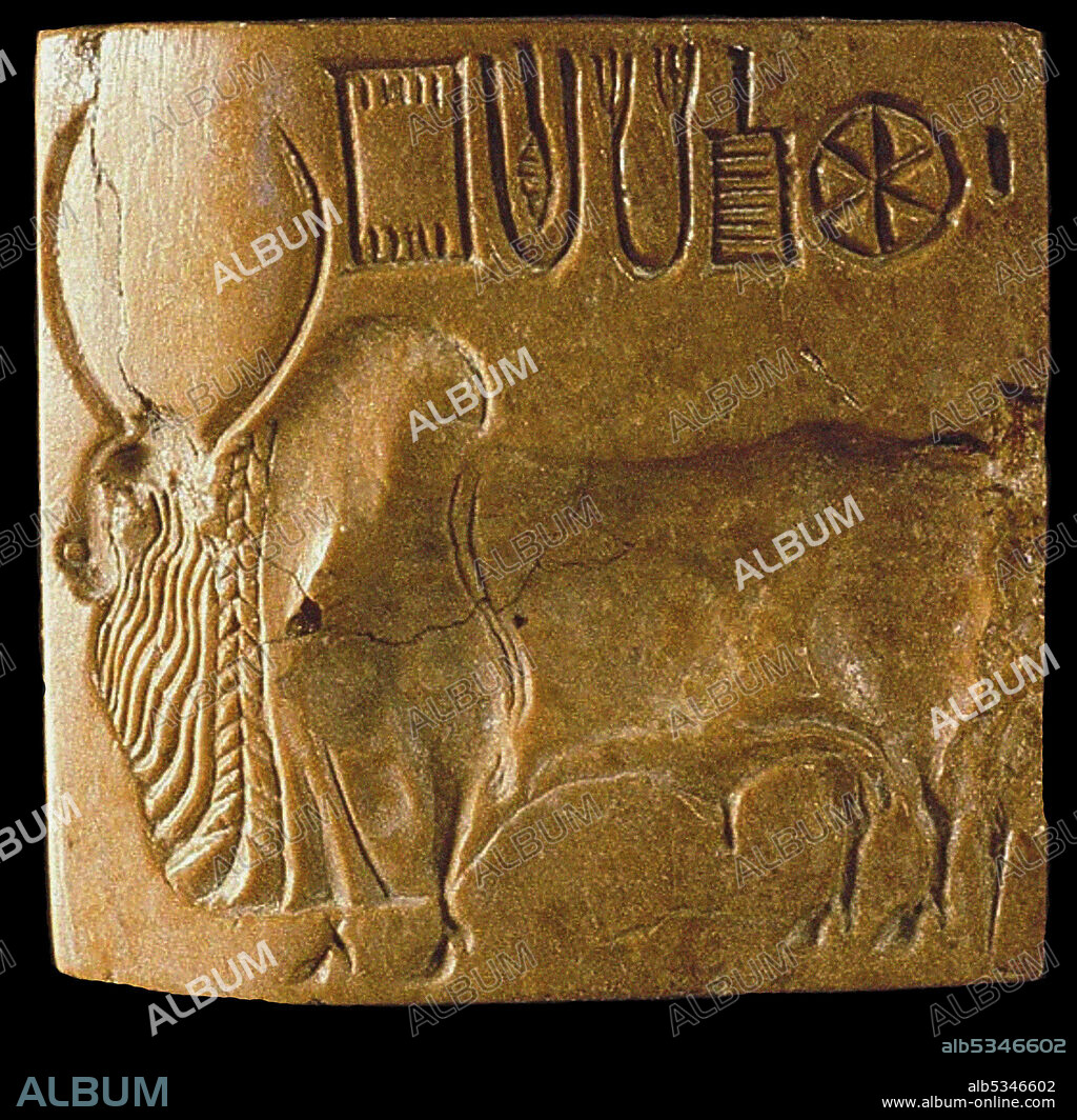 INDUS VALLEY CIVILISATION. Zebu Bull Seal with Indus Script Found at Mohenjo Daro, Indus Valley.