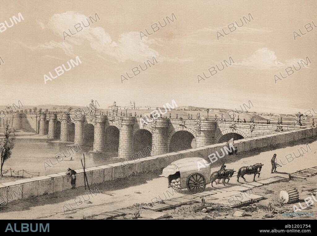 Madrid. Puente de Toledo sobre el río Manzanares en 1842. De estilo barroco (churrigueresco), construido entre 1718 y 1732 por el arquitecto Pedro de Ribera. Grabado de 1870.