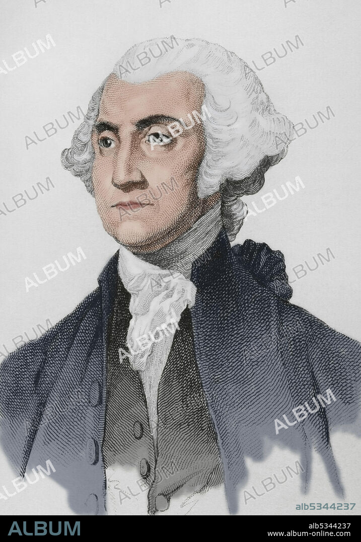 George Washington (1732-1799). Primer presidente de los Estados Unidos entre 1789-1797. Comandante en jefe del Ejército Continental revolucionario en la Guerra de la Independencia de los Estados Unidos (1775-1783). Grabado por Vernier. Detalle. Panorama Universal. Historia de los Estados Unidos de América, por Roux de Rochelle. Edición española impresa en Barcelona, 1850. Coloreado.
