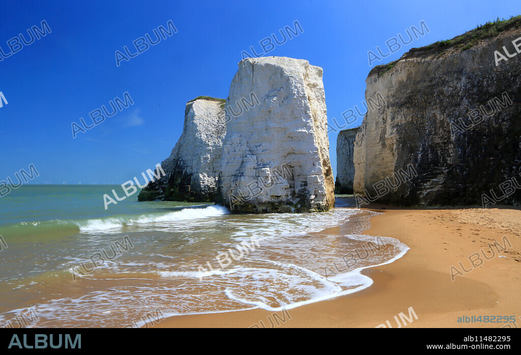 Chalk stacks and cliffs, Botany Bay, near Margate, Kent, England, United Kingdom, Europe.