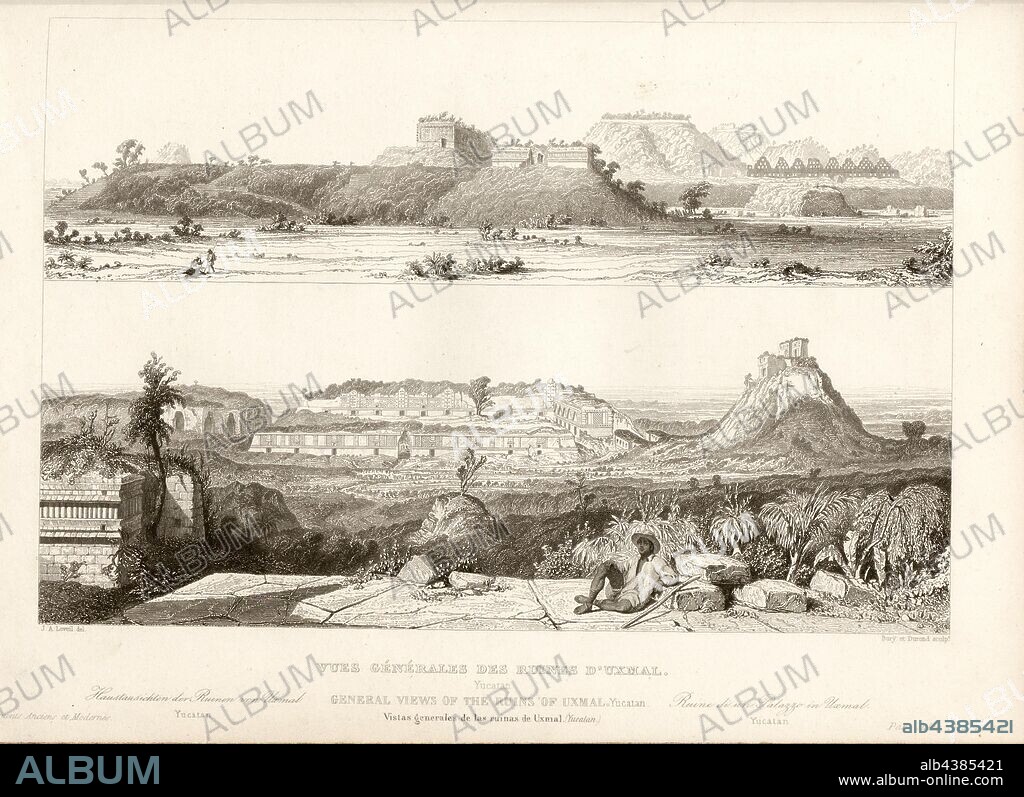 General views of the ruins of Uxmal. Yucatan, Uxmal, Ruins of a Mayan City in Mexico, signed: J. A. Leveil del, Bury et Durond sculp, Fig. 74, p. 328, Léveil, Jean-Arnaud (del.); Bury, Jean Baptiste Marie (sc.); Durond, Joseph (sc.), 1853, Jules Gailhabaud: Monuments anciens et modernes: collection formant une histoire de l'architecture des différents peuples à toutes les époques. Paris: Librairie de Firmin Didot frères, 1853.