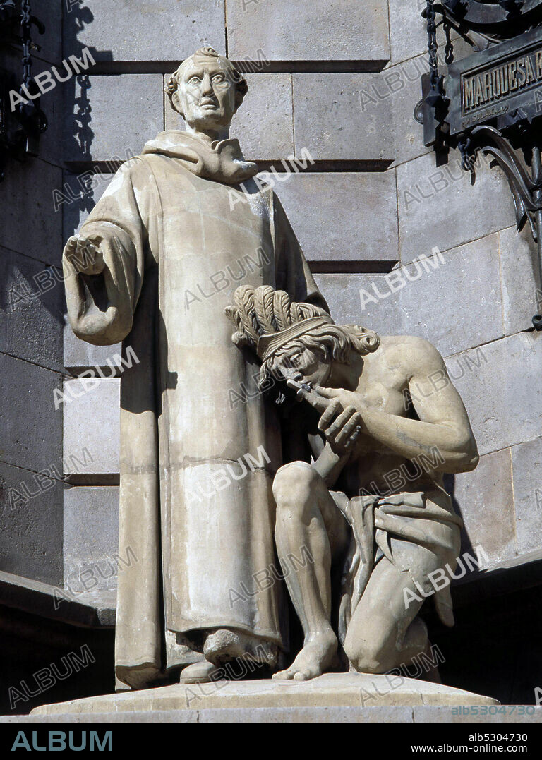FRAY JUNIPERO SERRA , 1713 - 1784. ECLESIASTICO Y COLONIZADOR ESPAÑOL. ESCULTURA EN EL MONUMENTO A CRISTOBAL COLON EN BARCELONA.