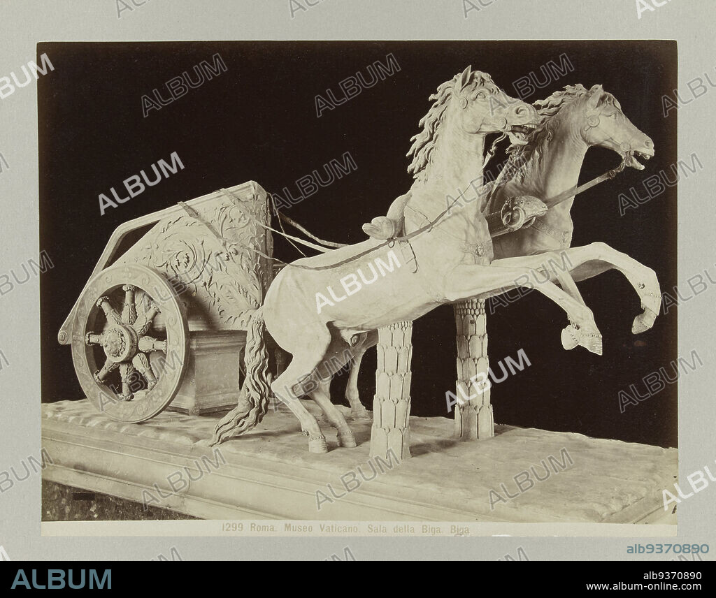 Sculpture of chariot drawn by two horses1299 Roma. Museo Vaticano. Sala della Biga. Biga (title on object), A rectangular box is drawn in black ink on the lower left, possibly over a written number., anonymous, Rome, c. 1880 - c. 1904, paper, albumen print, height 198 mm × width 253 mmheight 241 mm × width 327 mm.