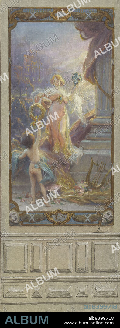 ADRIEN-HENRI TANOUX. Sketch for the town hall of the 10th arrondissement of Paris: Theatre, between 1905 and 1907. Actress holding a mask, naked child holding a laurel wreath. (Esquisse pour la mairie du 10ème arrondissement de Paris : Les théâtres).