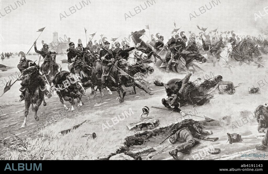 Cavalry charge at The Battle of Novara aka Battle of Bicocca, 1849, fought between the Austrian Empire and the Kingdom of Sardinia during the First Italian War of Independence.  From Hutchinson's History of the Nations, published 1915.