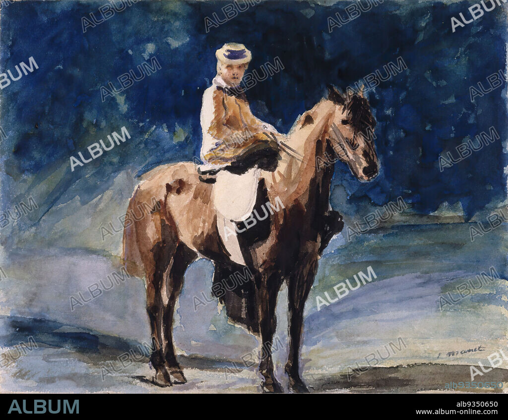 The Equestrienne, L'Amazone, Édouard Manet, French, 1832-1883, Watercolor and graphite on tan wove paper, France, ca. 1875-1876, 8 3/16 x 10 5/8 in., 20.8 x 27 cm, blue, drawing, Edouard Manet, equestrian, european, female, French, French painting, French watercolor, graphite, hat, hills, horse, horseback, man, Manet, ndd14, rider, riding, saddle, sadle, side saddle, side-saddle, sidesaddle, straw hat, The Equestrienne, watercolor, woman, wove paper.