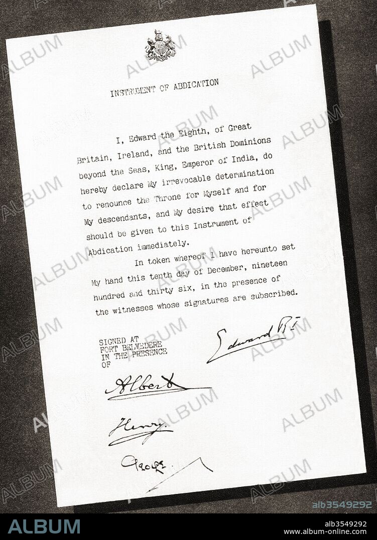 Instrument of Abdication signed in 1936 by King Edward VIII and his three brothers, Prince Albert future George VI, Prince Henry, Duke of Gloucester and Prince George, Duke of Kent.