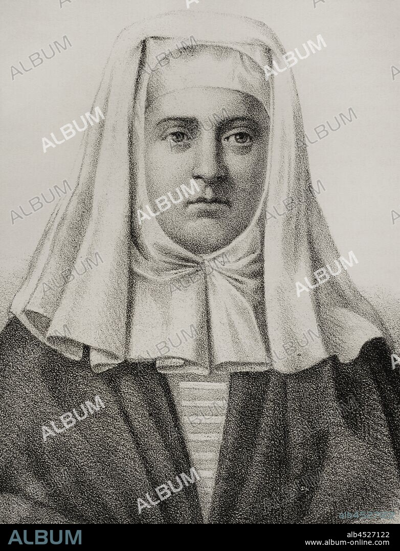 Beatriz Galindo, llamada "la Latina" (1465-1535). Escritora y humanista española, maestra de latín y gramática de la reina Isabel la Católica y preceptora de sus hijos. Dibujo por Llanta. Detalle. Litografía. Crónica General de España, Historia Ilustrada y Descriptiva de sus Provincias. Tomo Asturias y León, 1867. Biblioteca Histórico Militar de Barcelona, Cataluña, España.