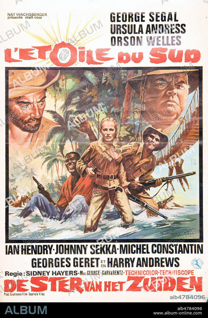 L'Etoile du Sud. Affiche belge du film realise en 1969 par Sidney HAYERS (1921-2000) avec Ursula ANDRESS (nee en 1936), George SEGAL (ne en 1934) et Orson WELLES (1915-1985) d'apres le roman de Jules VERNE (1828-1905). Credit : Collection Jonas/Kharbine-Tapabor.