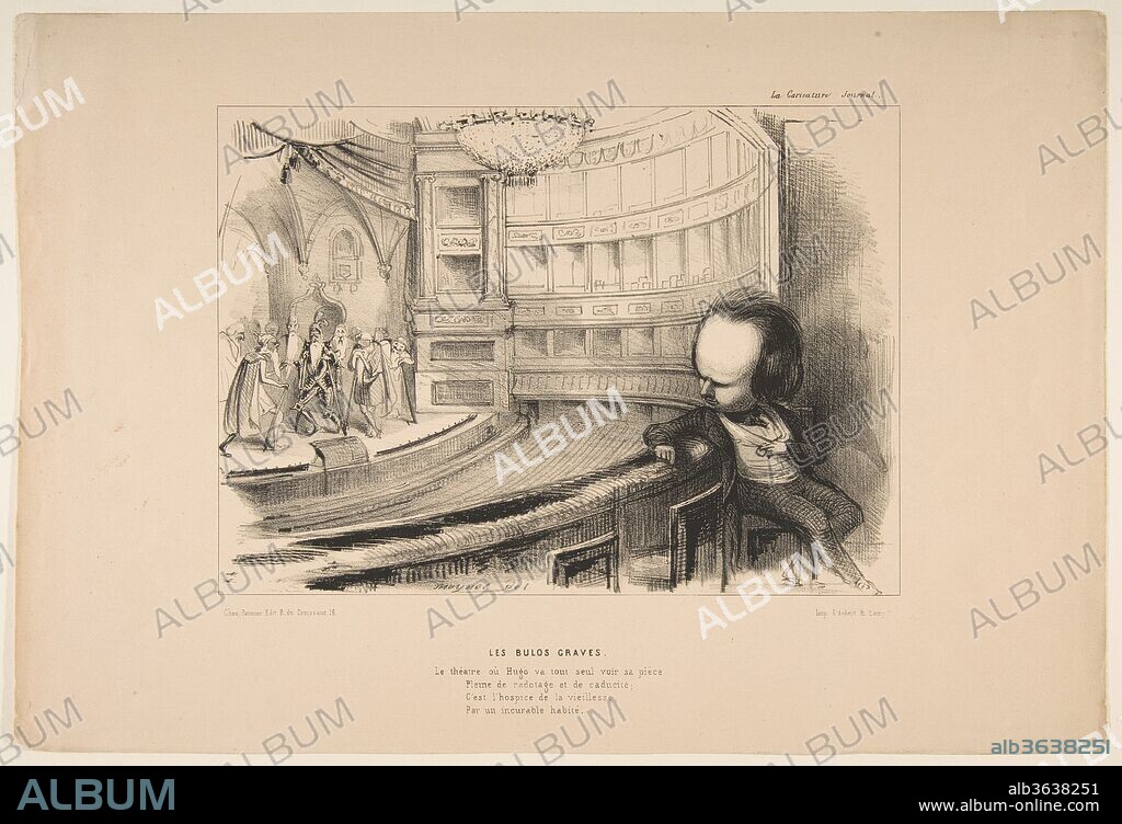 'Les Bulos Graves', Victor Hugo at his play 'Les Burgraves', from 'La Caricature'. Artist: Jean-Pierre Moynet (French, 1819-1876). Dimensions: sheet: 10 1/8 x 14 7/8 in. (25.7 x 37.8 cm). Printer: Printed by Aubert et Cie. Publisher: Pannier et Cie. (Paris). Sitter: Portrait of Victor Hugo (French, Besançon 1802-1885 Paris). Date: April 2, 1843.