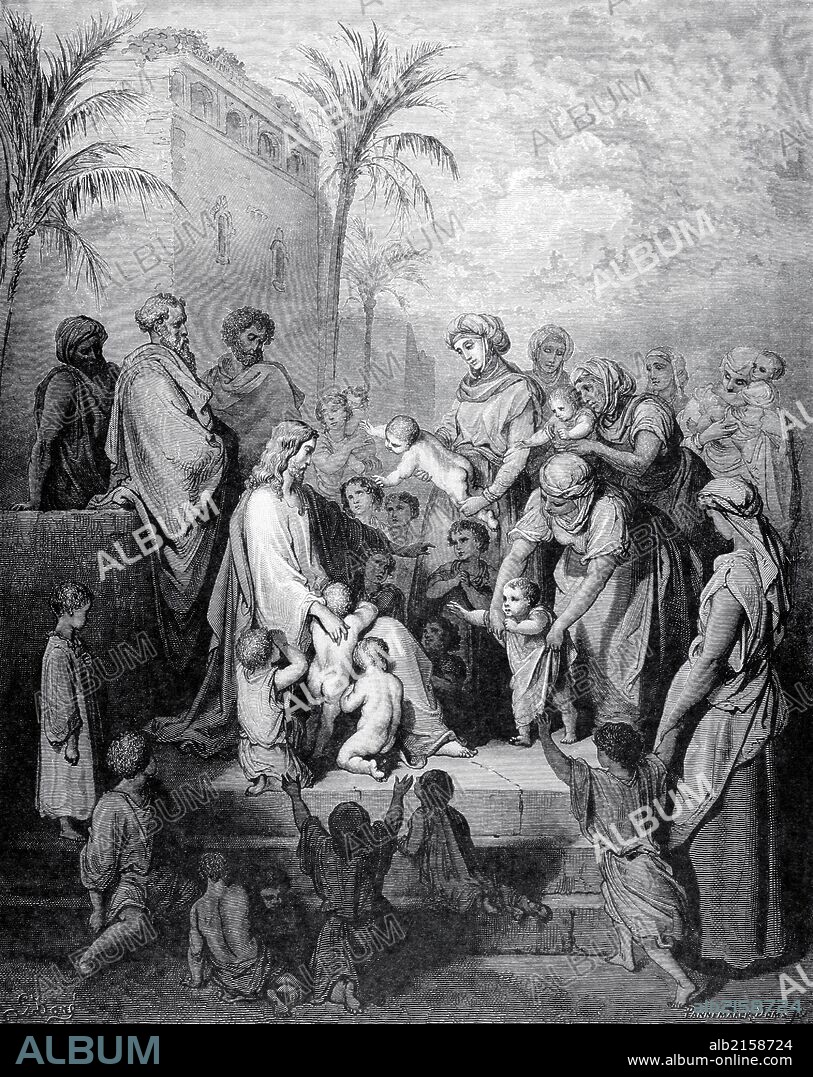 PAUL GUSTAVE DORÉ (basado en). NUEVO TESTAMENTO. JESUS. "JESUS BENDICIENDO A LOS NIÑOS". Evangelio de San Marcos. Capítulo X. Versículos 13 al 16. Dibujo de G. Doré. Grabado de Pannemaker. Siglo XIX.