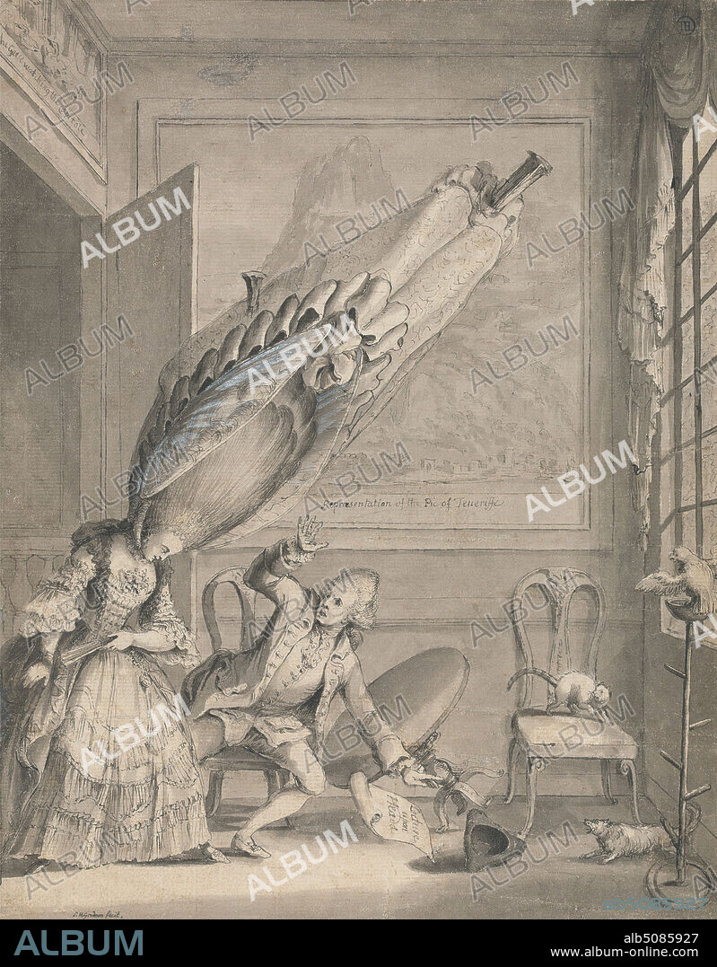 The French Lady in London, Samuel Hieronymus Grimm, 17331794, Swiss, ca. 1771, Gray wash black ink and gouache over graphite on medium, slightly textured, cream laid paper, Sheet: 11 1/2 x 9 inches (29.2 x 22.9 cm), caricature, cat (Felidae), chairs, dogs (animals), draperies, dresses, fans (costume accessories), French, genre subject, hats, interior, men, parrots, ruffle, sunsuits, tables (support furniture), wigs, windows, women, London, United Kingdom.