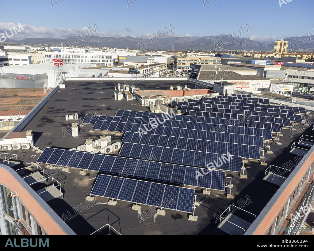 factory with solar panels on the roof, Son Castelló industrial estate, Palma, Mallorca, Balearic Islands, Spain.