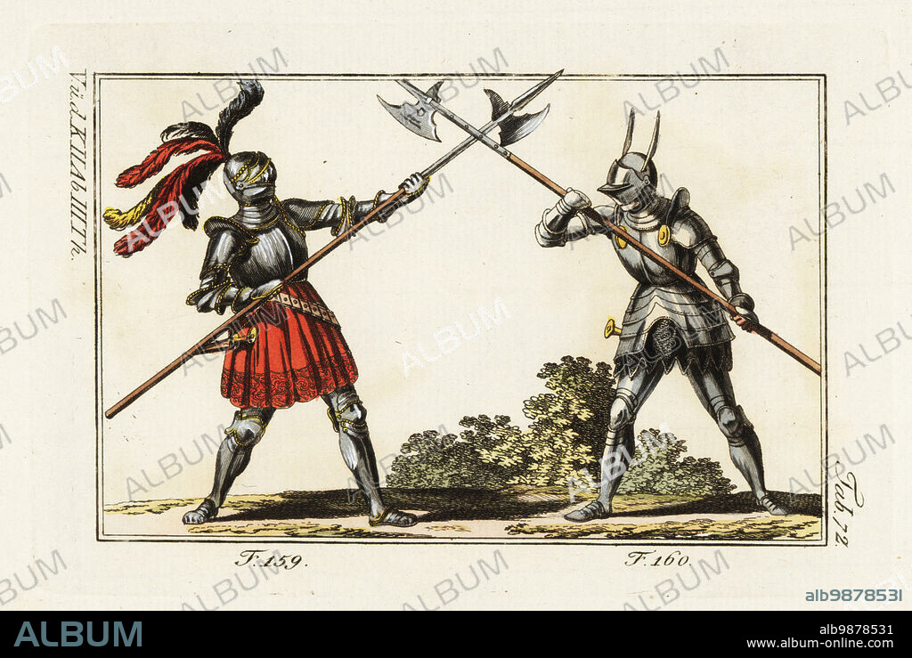 Two knights in armor on foot fighting a duel with halberds in a tourney. The knight at left wears a crimson skirt over his plate armor and a helmet with red, black and yellow plumes 159, the knight at right wears a suit of armour with helmet 160. Copied from the Weisskunig of Maximilian I. Handcolored copperplate engraving from Robert von Spalart's Historical Picture of the Costumes of the Principal People of Antiquity and Middle Ages, Vienna, 1802.