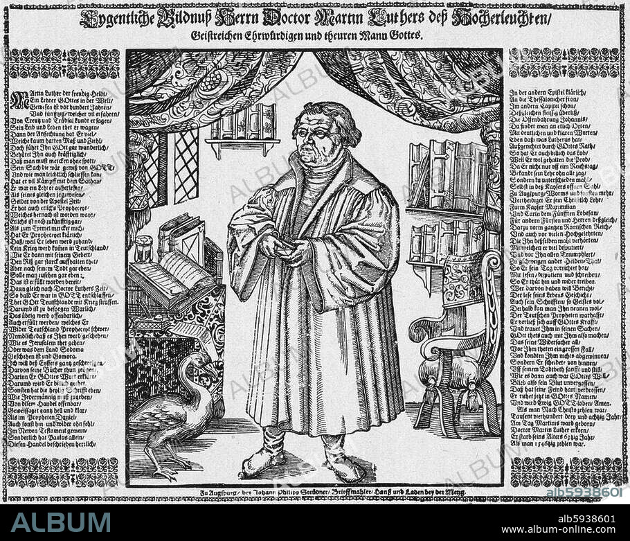 LUCAS L'ANCIEN CRANACH. Luther, Martin; Reformer; 1483-1546. Portrait of Luther in his study. (Depiction after examples produced for Reformation anniversary portraits (after Lucas Cranach the Elder) with texts). Woodcut with type printing, 1680. Augsburg, Joh. Ph. Steudner (1652-1732).