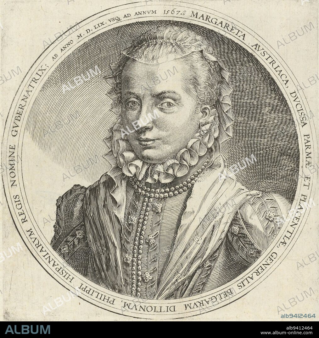 Margaret of Parma, Duchess of the Netherlands, bust to left, in round frame with edge lettering in Latin, Portrait of Margaret of Parma, print maker: Frans Hogenberg, 1567 - 1590, paper, engraving, h 184 mm × w 186 mm.