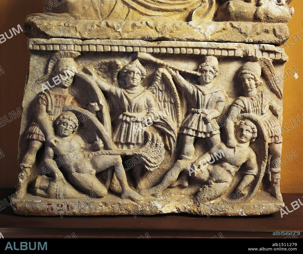 Etruscan civilization, 1st century b.C. Alabaster urn with relief depicting the Myth of Eteocles and Polynices. Detail.