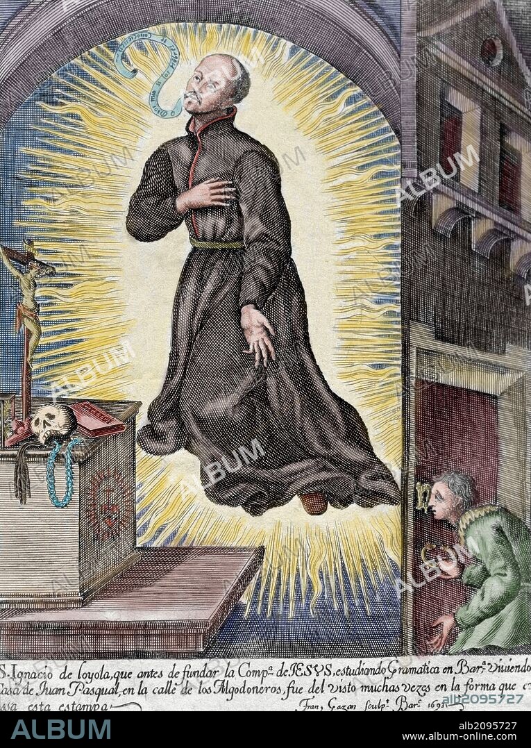 Ignatius of Loyola (1491-1556). Spanish knight,  priest since 1537. Founded the Society of Jesus (Jesuits). Was Superior General. Saint Ignatius levitating. Engraving, 1693. Episcopal Library. Barcelona. Spain. Colored.