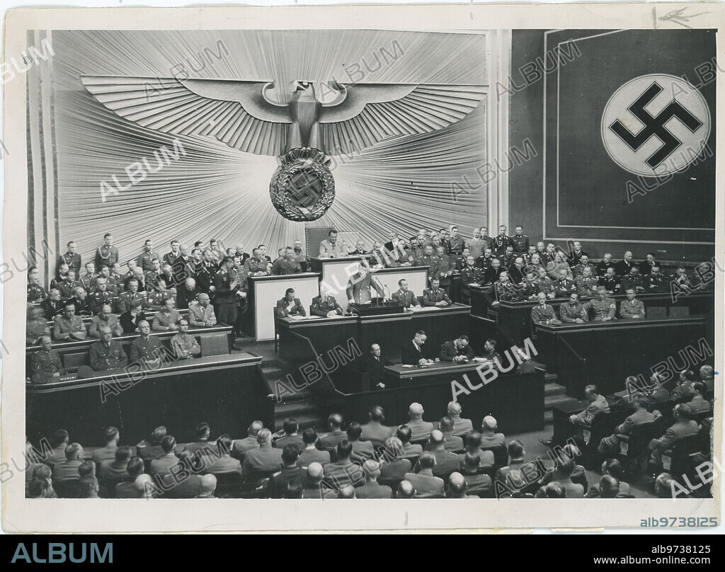 Berlin. 09/01/1939. Hitler delivers his historic speech at the Reichstag session at the Kroll Opera House. From the stands he announced that the German troops had responded to the fire of the Polish troops. "... To every bomb," he said, "a bomb will respond." Without declaration of war he invaded Poland.