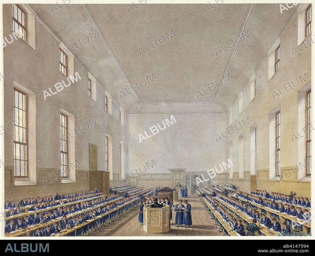 The Grammer School, Christ's Hospital. Augustus Charles Pugin; English, born France, 1769-1832. Date: 1811-1821. Dimensions: 202 x 266 mm. Watercolor with pen and black ink, heightened with touches of white gouache, over graphite, selectively varnished, on cream wove paper, laid down on cream wove paper. Origin: United Kingdom.