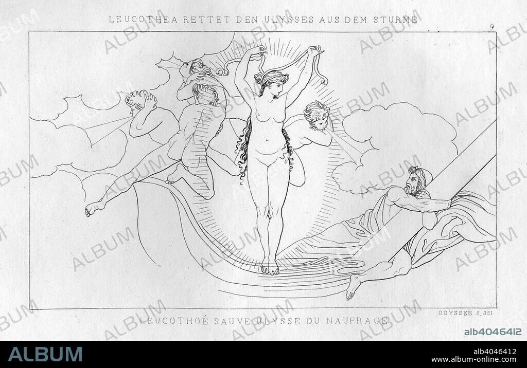 Leucothea, the sea deity, saves Odysseus in the storm, c1833. A scene from Homer's Odyssey.