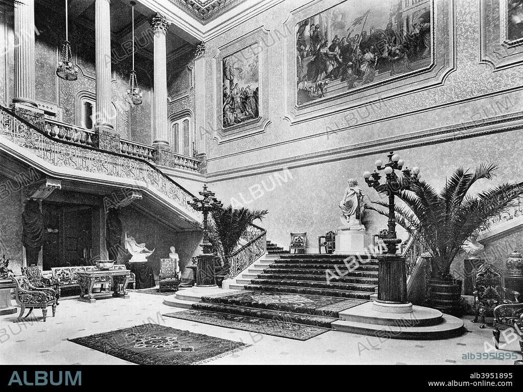 The great hall, Stafford House, 1908. Charles Dickens mentions the private collection of paintings at Stafford House, near St James?s Palace. A photograph from The Private Palaces of London by E Beresford Chancellor, (Kegan Paul, Trench, Trubner and Co, London, 1908).