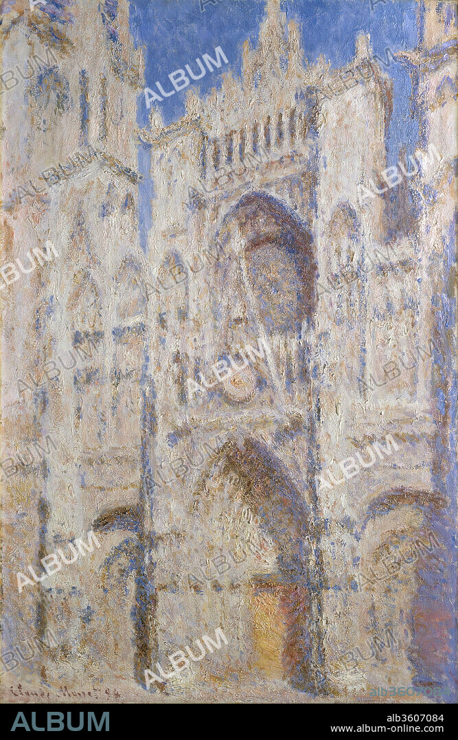 Rouen Cathedral: The Portal (Sunlight). Artist: Claude Monet (French, Paris 1840-1926 Giverny). Dimensions: 39 1/4 x 25 7/8 in. (99.7 x 65.7 cm). Date: 1894.
Monet painted more than thirty views of Rouen Cathedral in 1892-93. Moving from one canvas to another as each day progressed, he painted the facade with highly textured brushstrokes that convey the aspect of sculpted stone and make the atmosphere and light palpable. Monet later finished the works in his studio at Giverny, carefully adjusting the pictures both independently and in relation to each other. Hence, most are signed and dated 1894, as is this example. In 1895, Monet exhibited twenty of his cathedral pictures at Galerie Durand-Ruel in Paris. This one was titled <i>Le Portail (Soleil)</i>, or <i>The Portal (Sunlight)</i>.