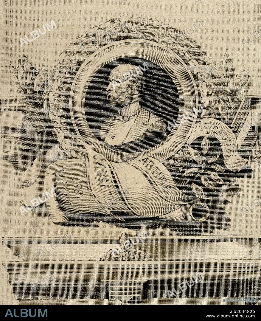 Eduardo Gasset y Artime (1832-1884). Político de la Unión Liberal y periodista español. Ministro de Ultramar en 1872. Fundó el diario El imparcial en el año 1867, de tendencia liberal y fue uno de los diarios más influyentes en España a finales del siglo XIX y principios del Siglo XX. Grabado del medallón qeu decoraba la fachada del nuevo edificio de El Imparcial. "La Ilustración Española y Americana", año 1889.