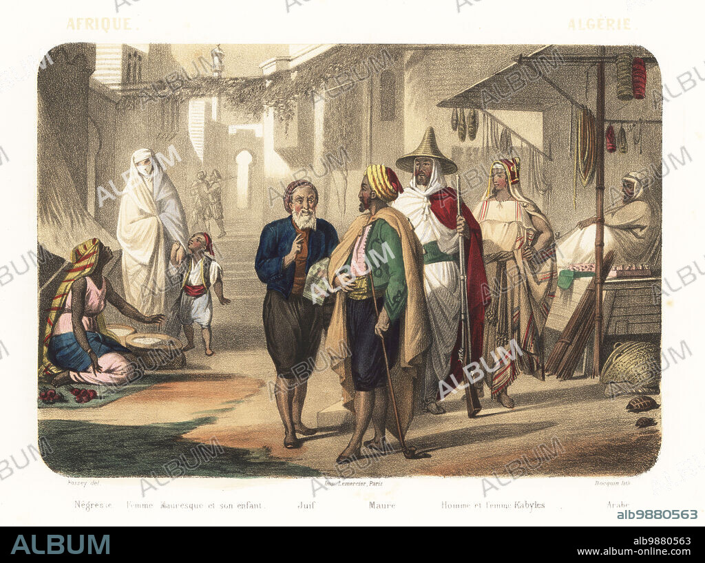 Costumes of Algeria, 1858. Black African woman selling produce, Muslim woman in haik (face veil) with child, Jewish man, Muslim man, Kabyle Berber man with musket and Kabyle woman, and arab man smoking a pipe. Scene in an Algiers courtyard or souk market. Negresse, femme Mauresque en son enfant, Juif, Maure, homme et femme Kabyles, Arabe. Handcoloured and sepia-tinted lithograph by Jean-Adolphe Bocquin after an illustration by Felix Fossey from Elisabeth Muller (pseudonym of Leonie Bedelet)s Le Monde en Estampes, The World in Prints, Amadee Bedelet, Paris, 1858.