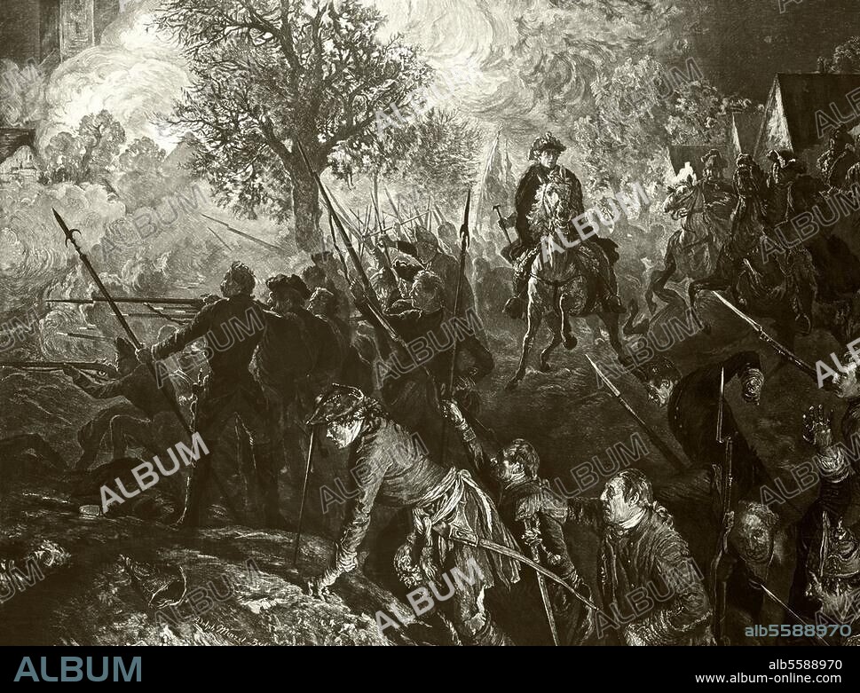 Frédéric II (le Grand), roi de Prusse. (1740-86); 1712-1786. "Frédéric et les Siens à la bataille de Hochkirch" (Guerre de Sept Ans, 14 octobre 1758). Gravure sur bois, 1856, d'ap. la peinture de Adolph Menzel (1815-1905).