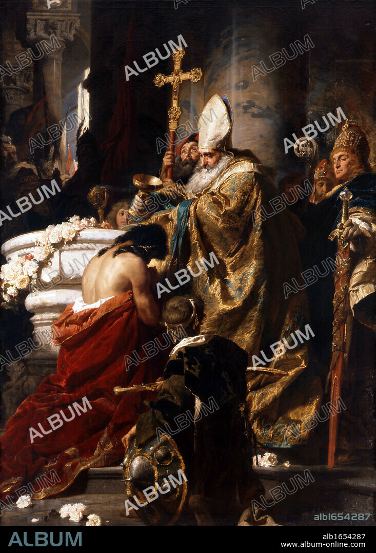 The Baptism of Vajk', 1875. Oil on canvas.  Gyula Benczur (1844-1920) Hungarian painter. Saint Stephen (c975-1038) first King of Hungary (1001-1038). Baptised with his father in 985, changing his name from Vajk to Stephan.