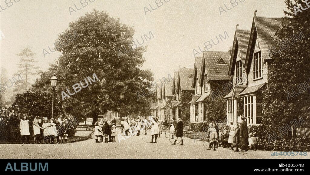 Dr Barnardo's Institute for Destitute Children, Barkingside, London, 19th century. In 1866 Thomas John Barnardo (1845-1905), a medical missionary, opened his first institution for destitute children in Barkingside. Surrounding the home are lawns, gardens and playgrounds.