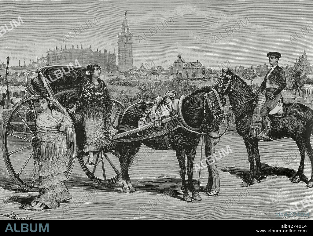 JUAN COMBA GARCÍA (1852-1924). SPANISH ARTIST. TOMÁS CARLOS CAPUZ (1834-1899). SPANISH ENGRAVER.. España. Sevilla. Tipos populares de Andalucía. "La Gente de Calesa". Dibujo por Juan Comba. Grabado por Capuz. La Ilustración Española y Americana, 22 de abril de 1882.