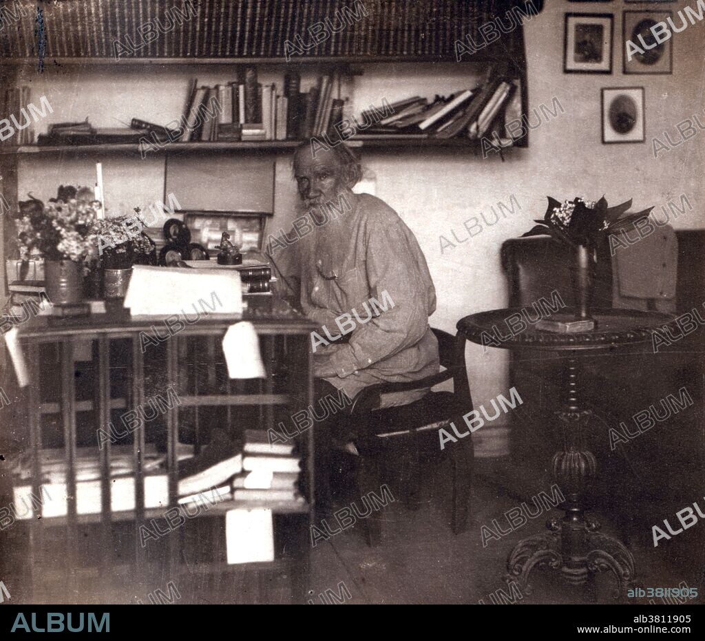 Tolstoy photographed in his study at his Yasnaya Polyana estate in May 1908 by Sergey Prokudin-Gorsky. Leo Tolstoy (Count Lev Nikolayevich Tolstoy September 9, 1828 - November 20, 1910) was a Russian novelist and short story writer. He was a master of realistic fiction and is widely considered one of the world's greatest novelists. He is best known for two long novels, War and Peace (1869) and Anna Karenina (1877). He first achieved literary acclaim for his Sevastopol Sketches (1855), based on his experiences in the Crimean War, followed by the publication of a semi-autobiographical trilogy of novels, Childhood, Boyhood, and Youth (1855-1858). His fiction output also includes two additional novels, dozens of short stories, and several famous novellas, including The Death of Ivan Ilych, Family Happiness, and Hadji Murad. He is also remembered for his complicated and paradoxical persona and for his extreme moralistic and ascetic views, which he adopted after a spiritual awakening in the 1870s, when he became noted as a moral thinker and social reformer. He was Christian anarchist and anarcho-pacifist. His ideas on nonviolent resistance had a profound impact on Gandhi who called Tolstoy "the greatest apostle of non-violence that the present age has produced". He died in 1910 at the age of 82.