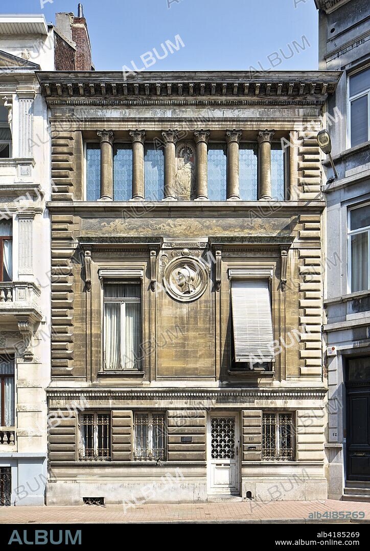 Hotel Goblet d'Alviella, 10 Rue Faider, Brussels, Belgium, c2014-2017. Designed by Octave Van Rysselberghe in  1882 with decoration by Julien Dillens/Jean Baes. The house used sgraffito as a major element of the facade for the first time.