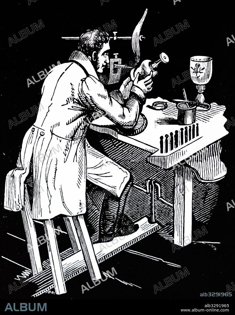 A glass engraver using a lathe operated by a font treadle. On the bench at his right are the capper disks of various diameters which, together with emery moistened with oil, were used to engrave the glass. American Foundry, USA, 1849.