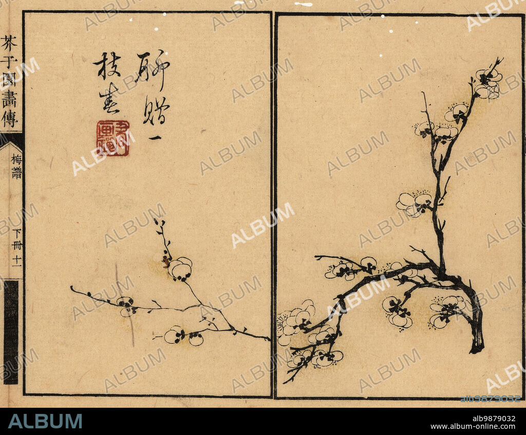Branch of white plum blossom with calligraphy and seal. Color woodblock mokuhanga from Kaishien Gaden, Japanese edition of Wang Gais Jieziyuan Huazhaun or Manual of the Mustard Seed Garden, Second Collection, Ichimura Bunko, Tokyo, 1812.