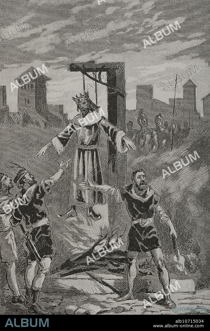 JOAN SERRA PAUSAS (ACTIVE 1861-1902). Reinado de Enrique IV de Castilla (1454-1474). La Farsa de Avila, 5 de junio de 1465. Un grupo de nobles castellanos depusieron en efigie al rey Enrique IV, proclamando en su lugar al infante Alfonso (Alfonso de Trastámara). Grabado por Serra Pausas. "Glorias Españolas". Tomo II. Publicada en Barcelona, 1890.