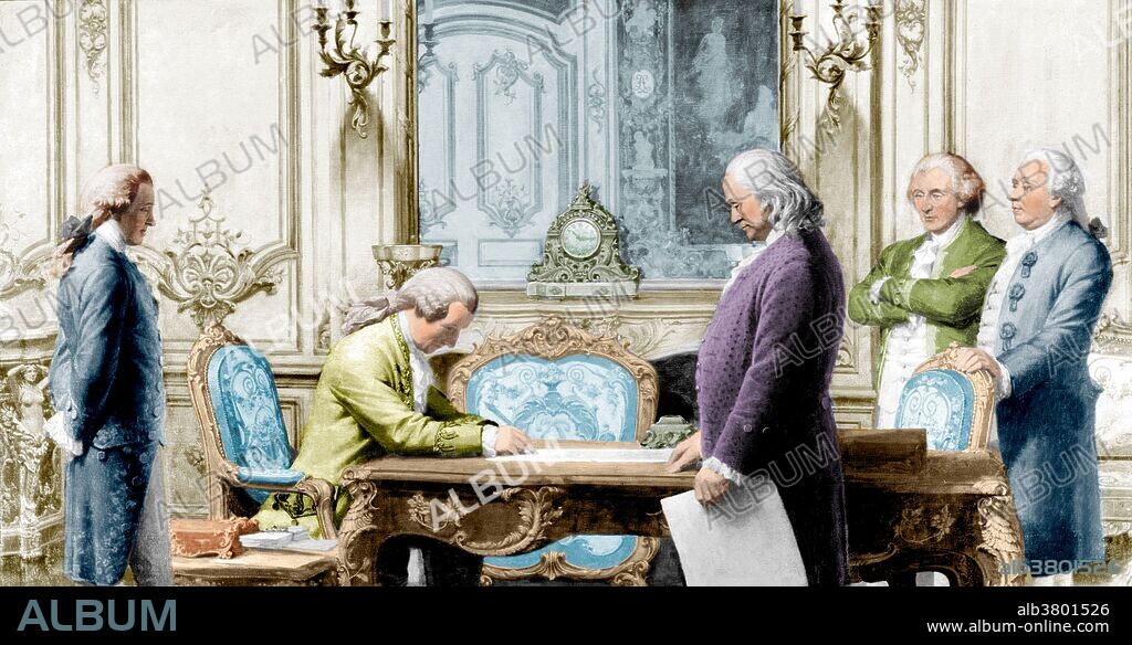 Signing of the Treaty of Amity and Commerce Between the United States and France. Along with its sister document the Treaty of Alliance, was one of two treaties signed on February 6, 1778 at the Hotel de Crillon in Paris, France between the United States and France. The treaty established a commercial alliance between these two nations and was signed during the American Revolutionary War. Benjamin Franklin, Silas Deane and Arthur Lee signed for the United Staes. Conrad Alexandre Gerard de Rayneval signed for France and became the first French diplomatic representative to the United States. Created for the Detroit Publishing Company by Charles E. Mills, circa 1990-20.