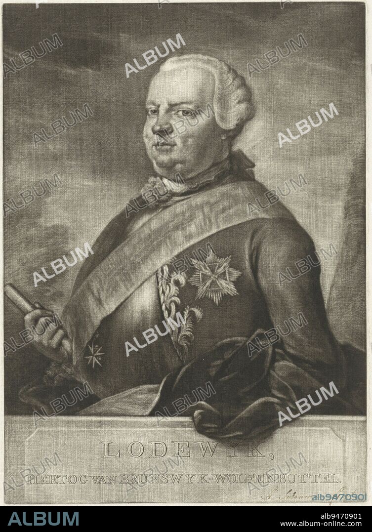 Portrait of Louis Ernst, Duke of Brunswick-Wolfenbüttel, print maker: Aert Schouman, 1738 - 1792, paper, engraving, h 327 mm × w 237 mm.