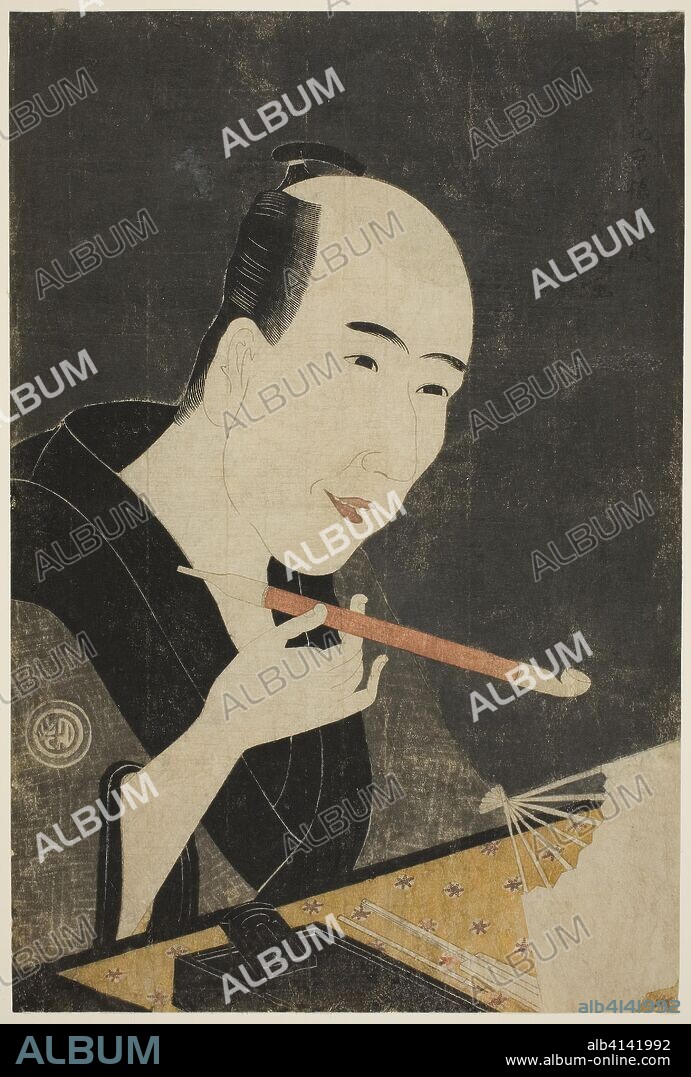 Portrait of Santo Kyoden, the Master of Kyobashi (Edo hana Kyobashi natori). Rekisentei Eiri; Japanese, active c. 1781-1818. Date: 1790-1800. Dimensions: 38.3 x 25.5 cm. Color woodblock print, oban. Origin: Japan.