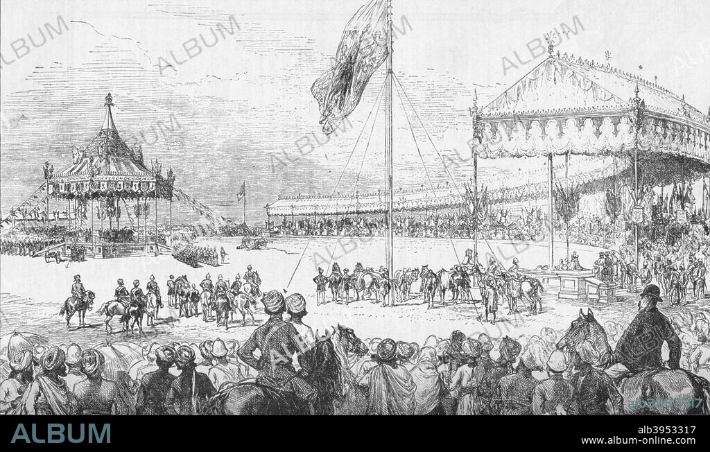 The Imperial Durbar at Delhi, India, on 1 January 1877 (1908). The proclamation of Queen Victoria as Empress of India. From Harmsworth History of the World, Volume 2, by Arthur Mee, J.A. Hammerton, & A.D. Innes, M.A. [Carmelite House, London, 1908].
