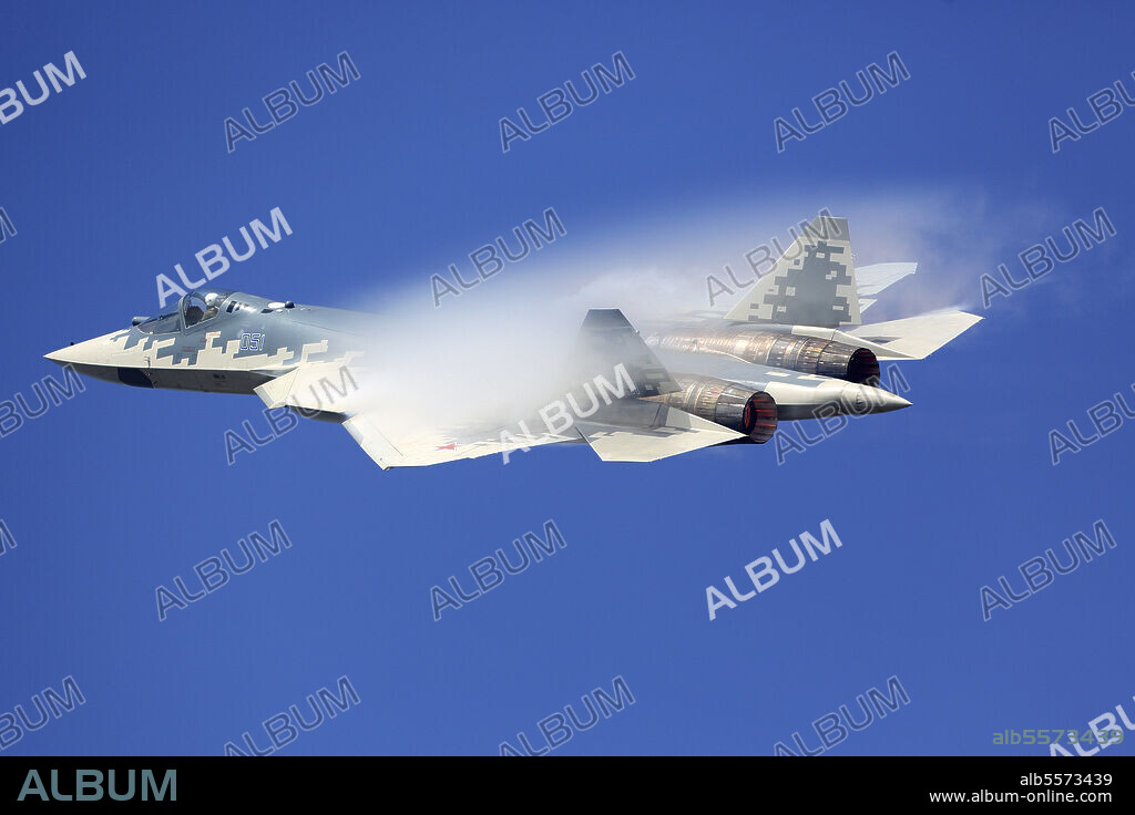 Sukhoi Su-57 (T-50) jet fighter of the Russian Air Force performing demonstration flight at MAKS-2019 airshow in Zhukovsky, Russia.