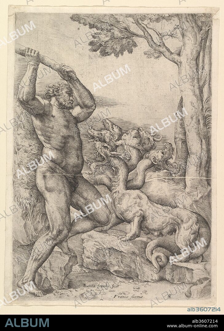 Hercules Killing the Hydra of Lerna. Artist: Battista Franco (Italian, Venice ca. 1510-1561 Venice). Dimensions: sheet: 12 1/2 x 8 7/8 in. (31.8 x 22.6 cm)
plate: 12 3/16 x 8 1/4 in. (31 x 21 cm). Date: After 1552.