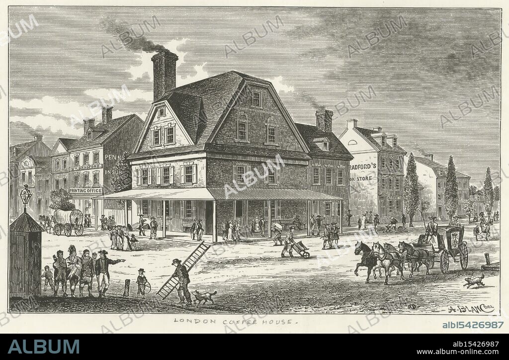 London Coffee House., 1777 - 1890, Philadelphia (Pa.), Bradford, William, 1719-1791, Homes and haunts, Steamy rooms abound, Coffee's warmth and wit combine, Haunts of philosopher.