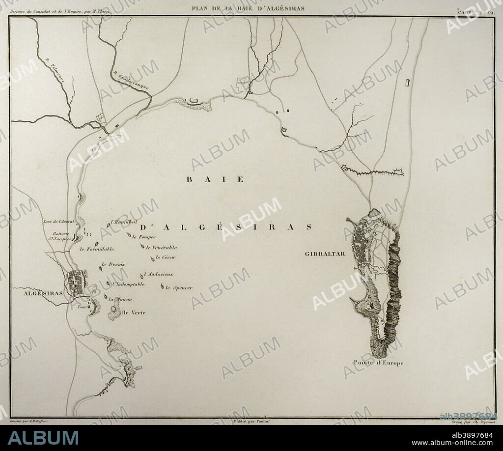 Mapa de la Bahía de Algeciras (España). El 6 de julio de 1801 se libró la Primera Batalla de Algeciras entre las tropas francesas e inglesas. Contexto de las Guerras Revolucionarias Francesas. Historia del Consulado y del Imperio de Napoleón (Atlas de l'Histoire du Consulat et de l'Empire). Obra de Marie Joseph Louis Adolphe Thiers (1797-1877). Dibujos realizados por Dufour y grabados por Dyonnet. Editado en París, 1864. Biblioteca Histórico Militar de Barcelona. Cataluña, España.