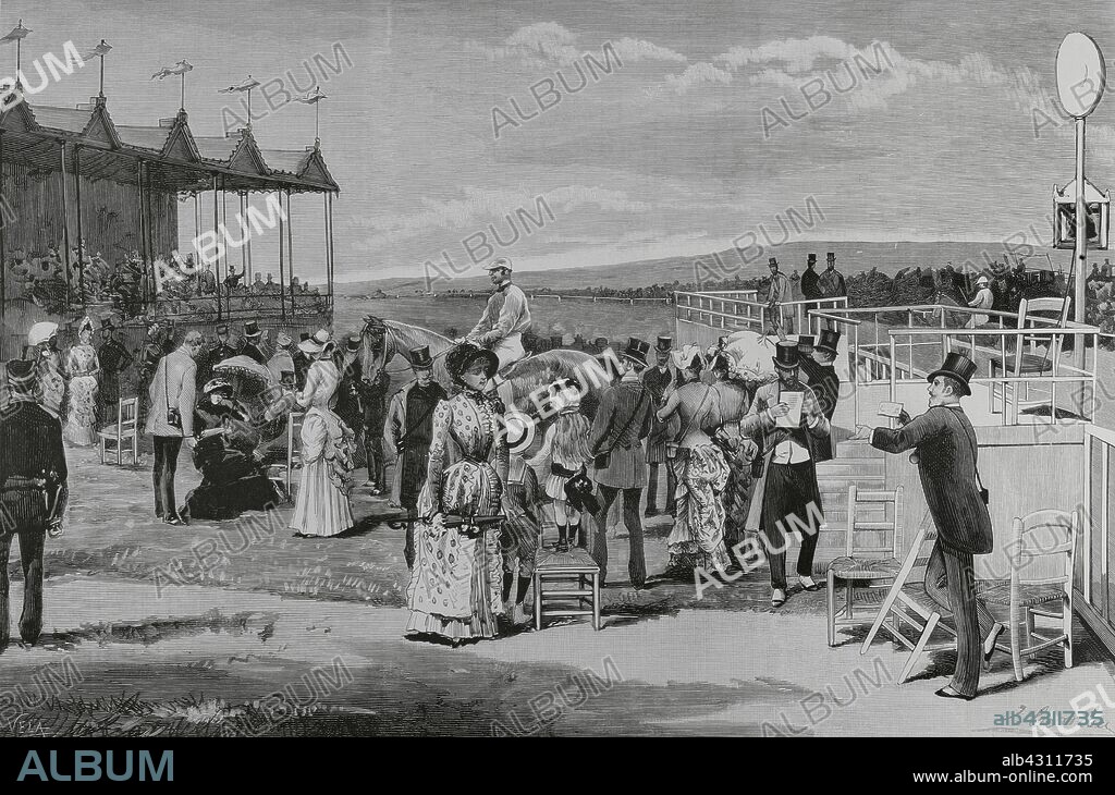 España. Madrid. Hipódromo de la Castellana. Después de una carrera. Dibujo por Juan Comba. Grabado por Vela. La Ilustración Española y Americana, 30 de mayo de 1883.