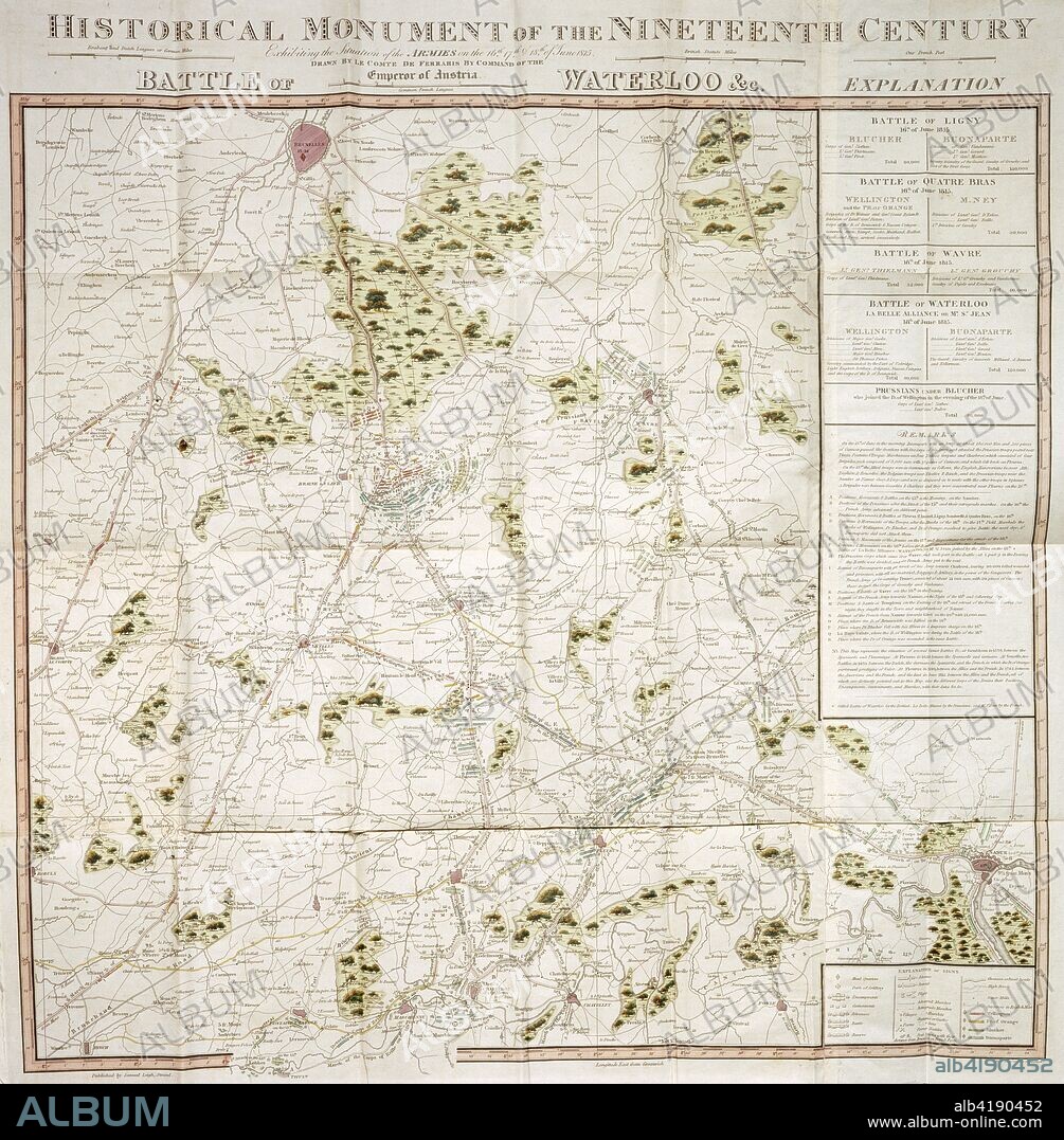Map of the Waterloo campaign, 1815, Walmer Castle, Kent. Map Exhibiting the Situation of the Armies on the 16, 17 & 18 of June 1815. The Battle of Ligny, Quatre Bras, Waterloo and Wavre.